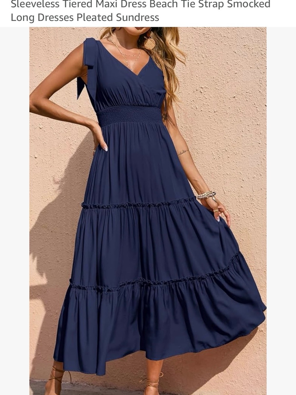 Navy V-Neck Tie-Shoulder Tiered Maxi Dress